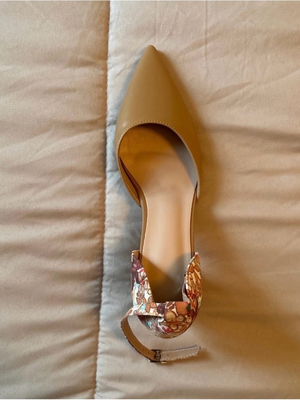Pointed D'Orsay Heel with Floral Ankle Strap in Tan